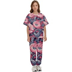 Vintage Floral Poppies Kids  T-shirt And Pants Sports Set by Grandong