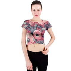 Vintage Floral Poppies Crew Neck Crop Top by Grandong