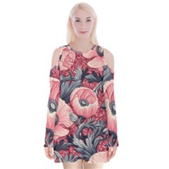 Vintage Floral Poppies Velvet Long Sleeve Shoulder Cutout Dress by Grandong