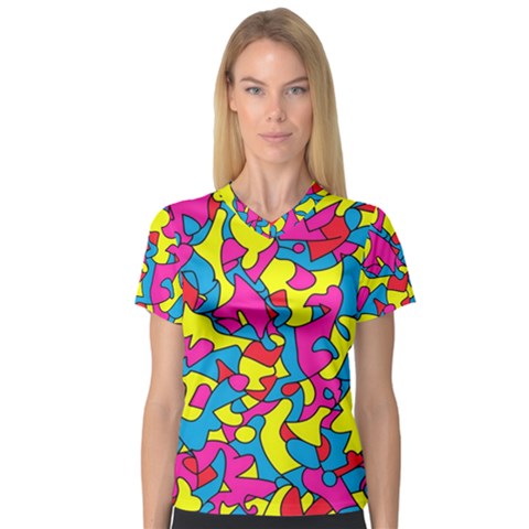 Colorful-graffiti-pattern-blue-background V-neck Sport Mesh T-shirt by designsbymallika