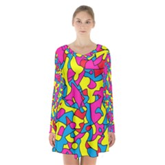 Colorful-graffiti-pattern-blue-background Long Sleeve Velvet V-neck Dress by designsbymallika