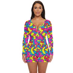 Colorful-graffiti-pattern-blue-background Long Sleeve Boyleg Swimsuit by designsbymallika