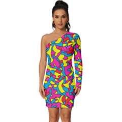 Colorful-graffiti-pattern-blue-background Long Sleeve One Shoulder Mini Dress by designsbymallika