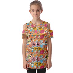 Pop Culture Abstract Pattern Fold Over Open Sleeve Top