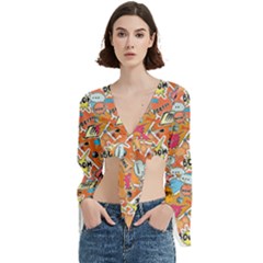 Pop Culture Abstract Pattern Trumpet Sleeve Cropped Top