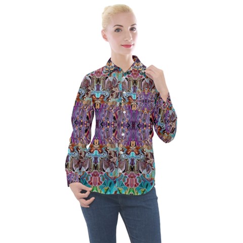 Amethyst On Turquoise Women s Long Sleeve Pocket Shirt by kaleidomarblingart