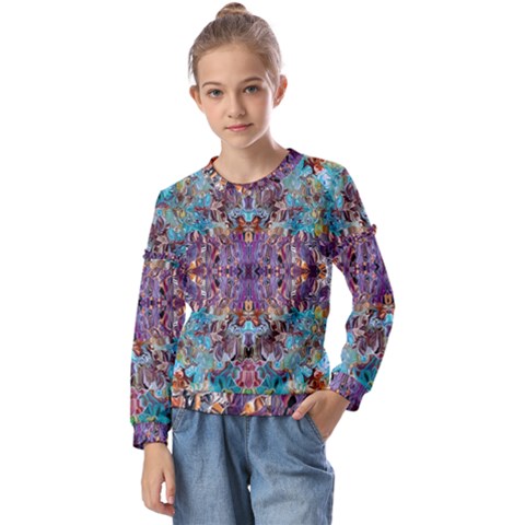 Amethyst On Turquoise Kids  Long Sleeve T-shirt With Frill  by kaleidomarblingart