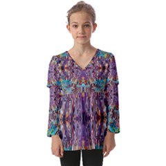 Amethyst On Turquoise Kids  V Neck Casual Top by kaleidomarblingart