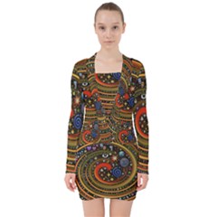 Swirl Vortex Emoji Cyclone Motion Art V-neck Bodycon Long Sleeve Dress by Paksenen