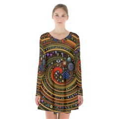 Swirl Vortex Emoji Cyclone Motion Art Long Sleeve Velvet V-neck Dress by Paksenen