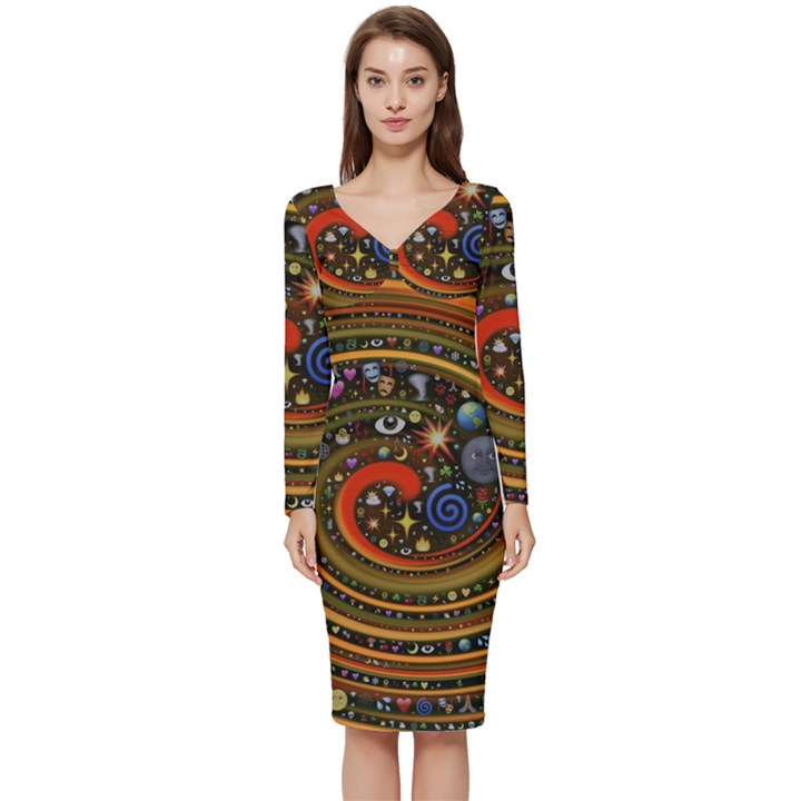 Swirl Vortex Emoji Cyclone Motion Art Long Sleeve V-Neck Bodycon Dress 