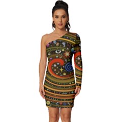 Swirl Vortex Emoji Cyclone Motion Art Long Sleeve One Shoulder Mini Dress by Paksenen