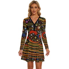 Swirl Vortex Emoji Cyclone Motion Art Long Sleeve Deep V Mini Dress  by Paksenen