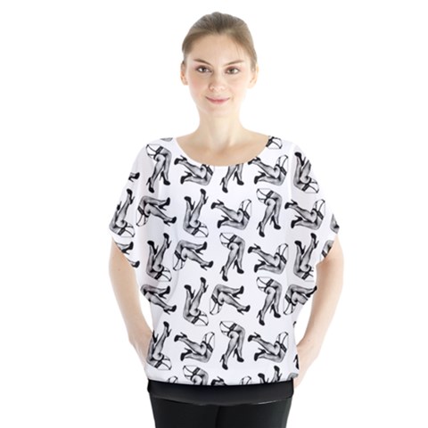 Erotic Pants Motif Black And White Graphic Pattern Black Backgrond Batwing Chiffon Blouse by dflcprintsclothing