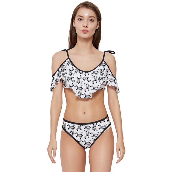 Erotic Pants Motif Black And White Graphic Pattern Black Backgrond Ruffle Edge Tie Up Bikini Set	