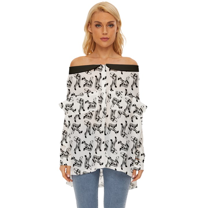 Erotic Pants Motif Black And White Graphic Pattern Black Backgrond Off Shoulder Chiffon Pocket Shirt