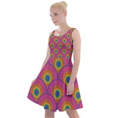 Radiant Maximalist Rainbow Dot Mandala Art Deco Scallop Knee Length Skater Dress