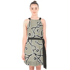 Sketchy Abstract Artistic Print Design Halter Collar Waist Tie Chiffon Dress by dflcprintsclothing