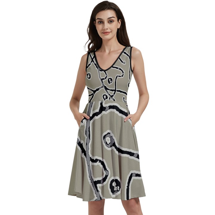 Sketchy abstract artistic print design Sleeveless V-Neck Skater Dress with Pockets