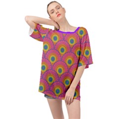 Radiant Maximalist Rainbow Dot Mandala Art Deco Scallop Oversized Chiffon Top by Triplicate