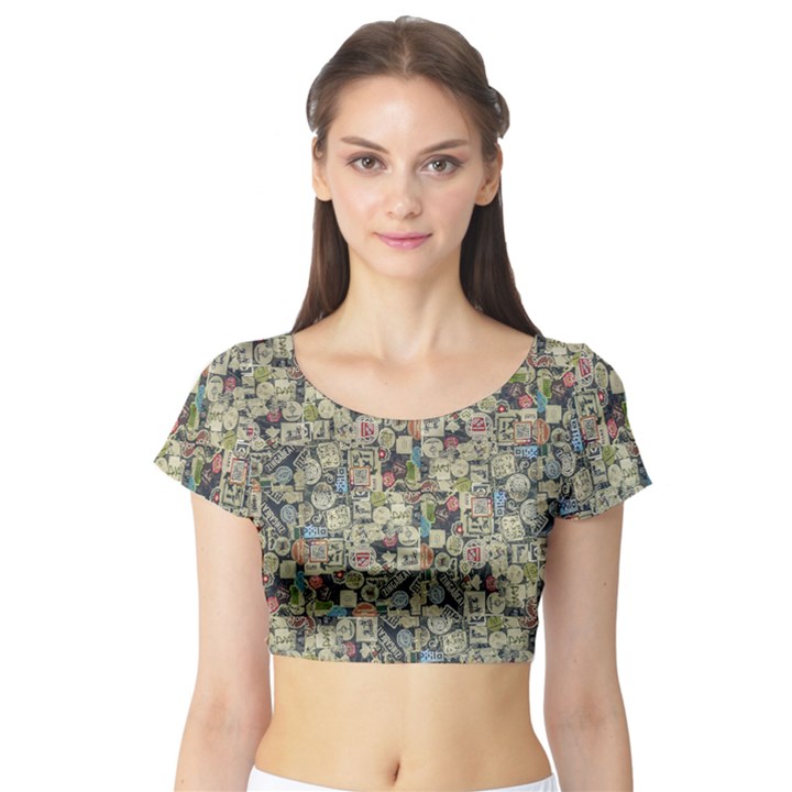 Sticker Collage Motif Pattern Black Backgrond Short Sleeve Crop Top