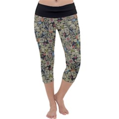 Sticker Collage Motif Pattern Black Backgrond Capri Yoga Leggings