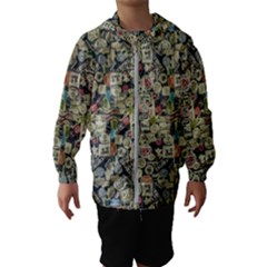 Sticker Collage Motif Pattern Black Backgrond Kids  Hooded Windbreaker