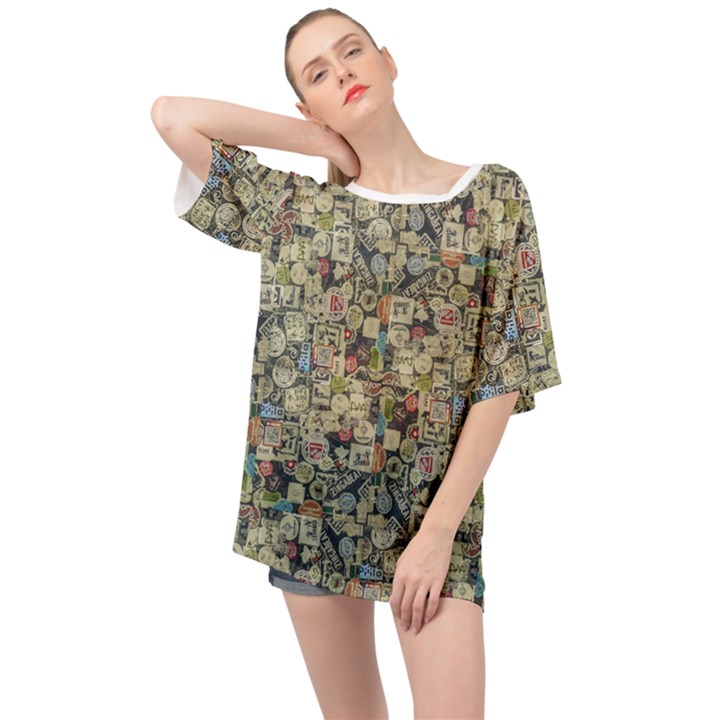 Sticker Collage Motif Pattern Black Backgrond Oversized Chiffon Top