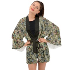 Sticker Collage Motif Pattern Black Backgrond Long Sleeve Kimono by dflcprintsclothing