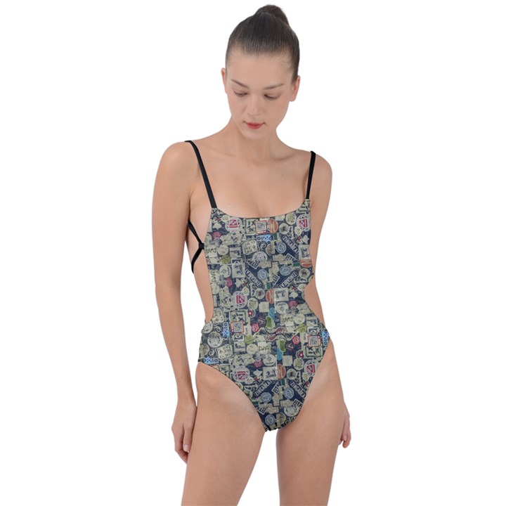 Sticker Collage Motif Pattern Black Backgrond Tie Strap One Piece Swimsuit