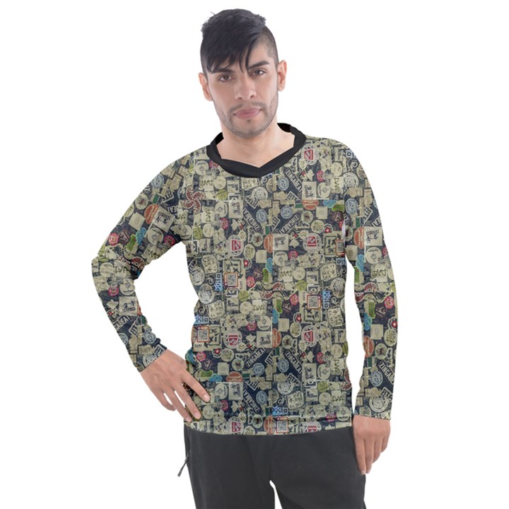 Sticker Collage Motif Pattern Black Backgrond Men s Pique Long Sleeve T-Shirt