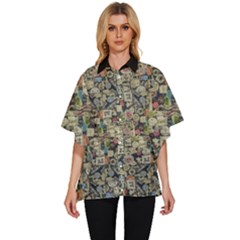 Sticker Collage Motif Pattern Black Backgrond Women s Batwing Button Up Shirt