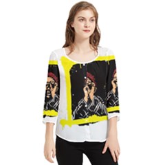 Yellow Brown Red Colorful Graffiti Illustration T-shirt Chiffon Quarter Sleeve Blouse by StitchSplash