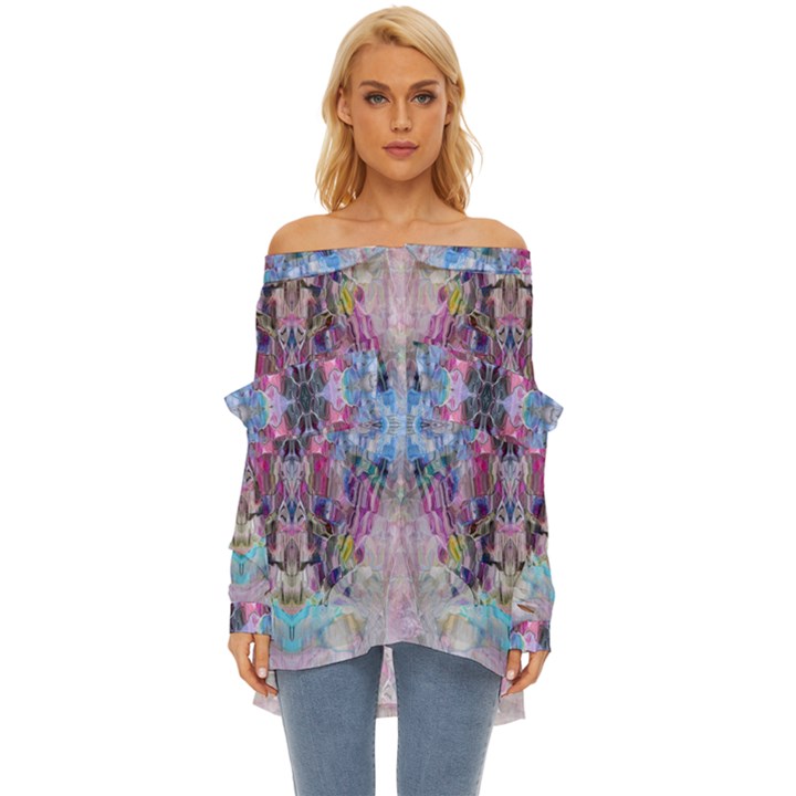 Abstract kaleidoscope Off Shoulder Chiffon Pocket Shirt