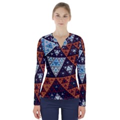 Fractal Triangle Geometric Abstract Pattern V-neck Long Sleeve Top by Cemarart