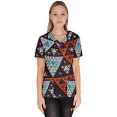 Fractal Triangle Geometric Abstract Pattern Women s V-neck Scrub Top by Cemarart