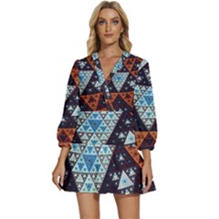 Fractal Triangle Geometric Abstract Pattern V-neck Placket Mini Dress by Cemarart