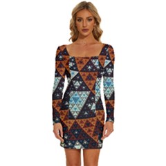 Fractal Triangle Geometric Abstract Pattern Long Sleeve Square Neck Bodycon Velvet Dress by Cemarart