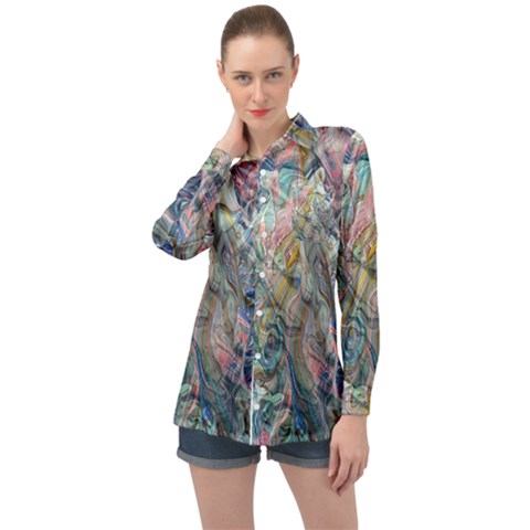 Abstract Flows Long Sleeve Satin Shirt by kaleidomarblingart