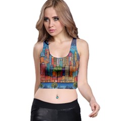 City New York Nyc Skyscraper Skyline Downtown Night Business Urban Travel Landmark Building Architec Racer Back Crop Top by Posterlux