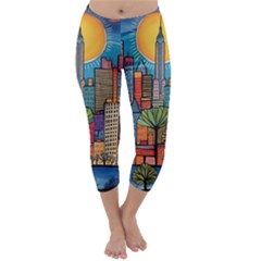 City New York Nyc Skyscraper Skyline Downtown Night Business Urban Travel Landmark Building Architec Capri Winter Leggings  by Posterlux