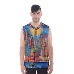 City New York Nyc Skyscraper Skyline Downtown Night Business Urban Travel Landmark Building Architec Men s Basketball Tank Top