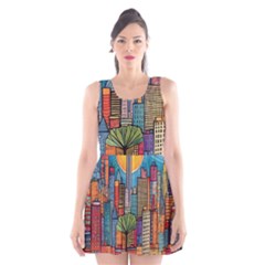 City New York Nyc Skyscraper Skyline Downtown Night Business Urban Travel Landmark Building Architec Scoop Neck Skater Dress