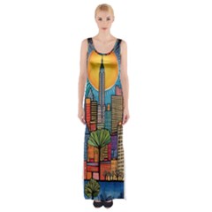 City New York Nyc Skyscraper Skyline Downtown Night Business Urban Travel Landmark Building Architec Thigh Split Maxi Dress