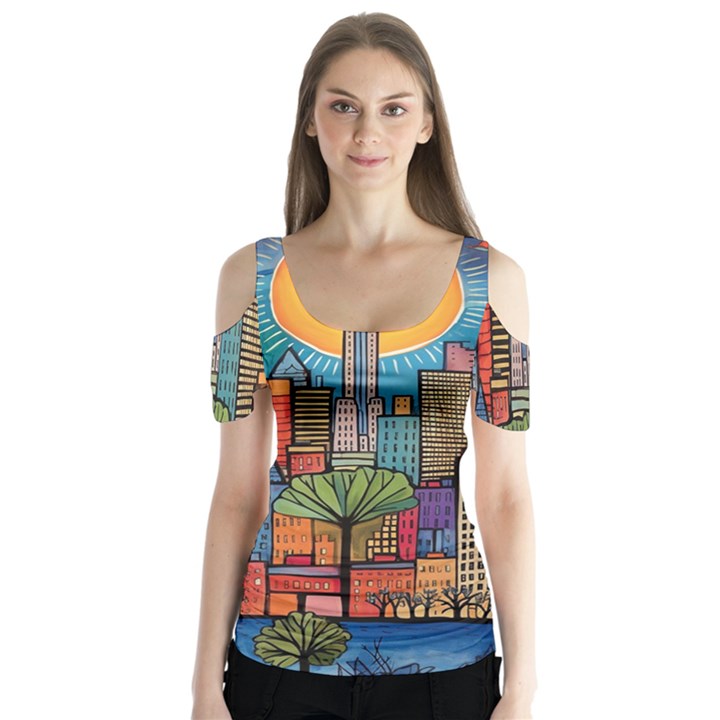 City New York Nyc Skyscraper Skyline Downtown Night Business Urban Travel Landmark Building Architec Butterfly Sleeve Cutout T-Shirt 