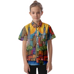 City New York Nyc Skyscraper Skyline Downtown Night Business Urban Travel Landmark Building Architec Kids  Short Sleeve Shirt by Posterlux