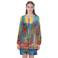 City New York Nyc Skyscraper Skyline Downtown Night Business Urban Travel Landmark Building Architec Long Sleeve Chiffon Shift Dress 