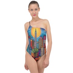 City New York Nyc Skyscraper Skyline Downtown Night Business Urban Travel Landmark Building Architec Classic One Shoulder Swimsuit by Posterlux