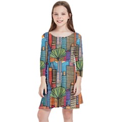 City New York Nyc Skyscraper Skyline Downtown Night Business Urban Travel Landmark Building Architec Kids  Quarter Sleeve Skater Dress