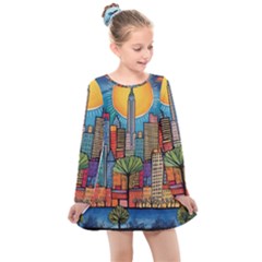 City New York Nyc Skyscraper Skyline Downtown Night Business Urban Travel Landmark Building Architec Kids  Long Sleeve Dress by Posterlux